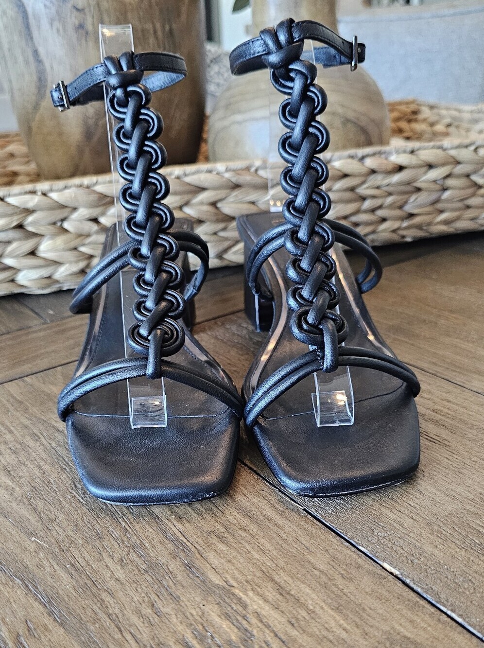 Deltan Braided T-Strap Brown Leather Heeled Sandals Metal Accent Women's Sz 7M